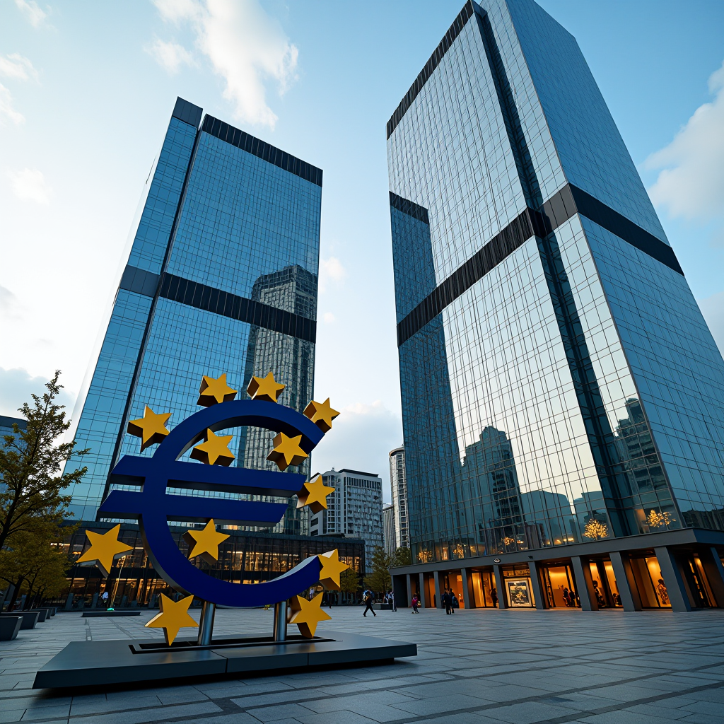 Sede della Banca Centrale Europea a Francoforte con la scultura del simbolo dell'euro in primo piano, architettura moderna in vetro, atmosfera professionale del distretto finanziario