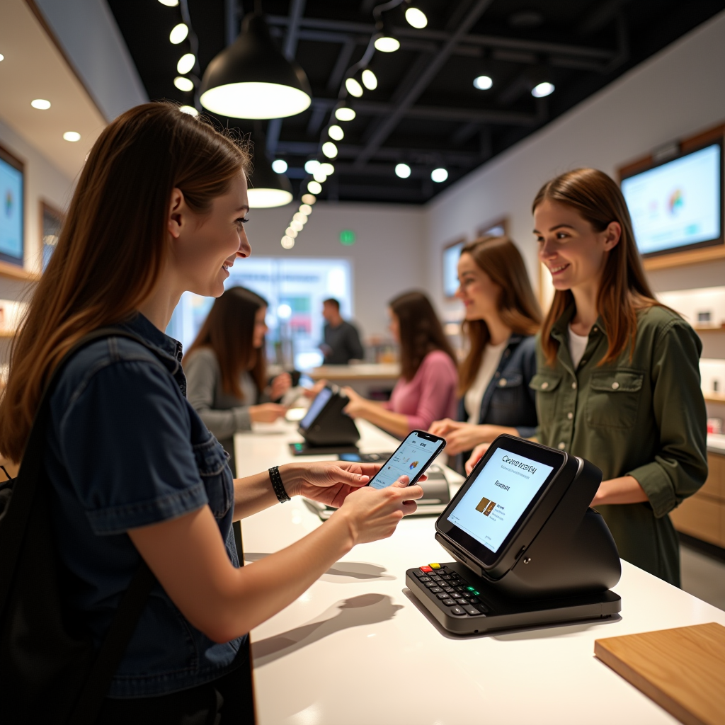 Interno moderno di un negozio italiano con terminale di pagamento contactless alla cassa, clienti che utilizzano smartphone e carte per i pagamenti, design contemporaneo luminoso con display digitali