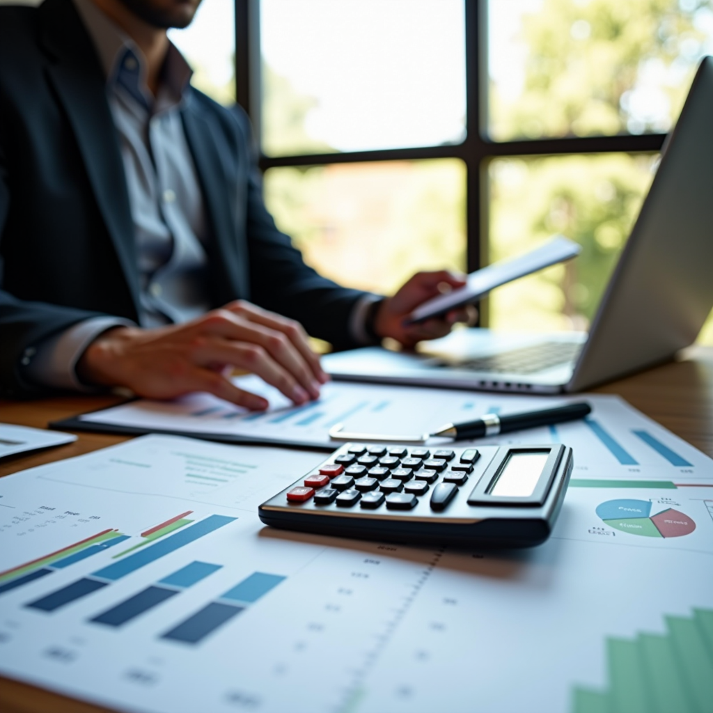 Imprenditore che analizza documenti finanziari e grafici di crescita aziendale su una scrivania moderna con laptop, calcolatrice e documenti di finanziamento, ambiente ufficio professionale con luce naturale
