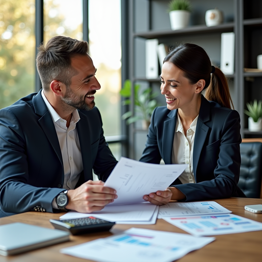 Consulente finanziario che discute opzioni di finanziamento personalizzate con un cliente in un ufficio moderno e professionale, documenti e calcolatrice sul tavolo