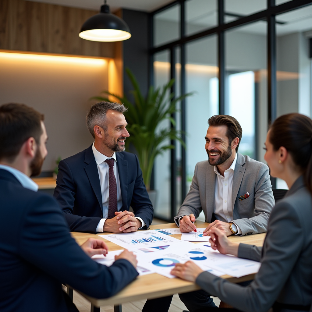 Consulente finanziario professionista che discute opzioni di finanziamento immobiliare con clienti in un ufficio moderno, mostrando documenti e grafici su un tavolo, atmosfera professionale e accogliente