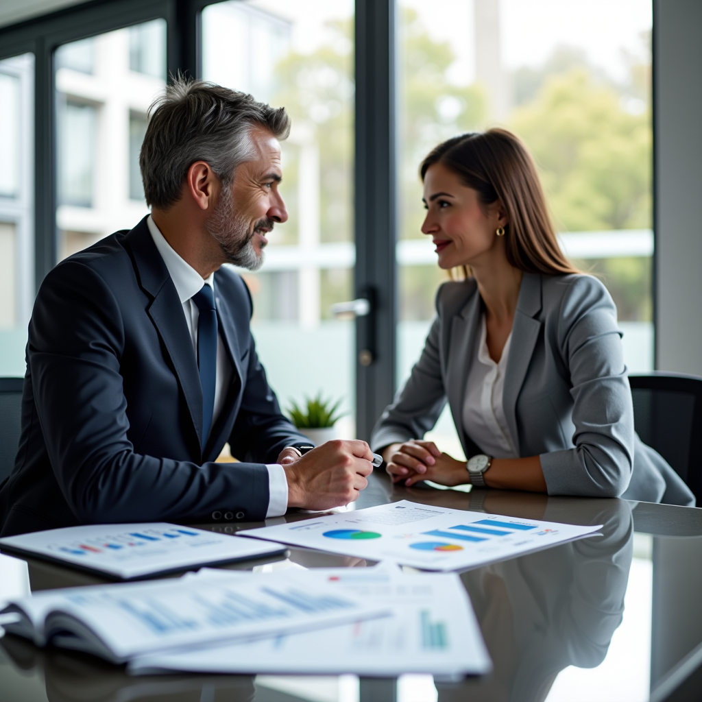 Consulente finanziario professionista che lavora con un cliente su strategie di pianificazione patrimoniale personalizzate, con grafici finanziari e documenti di investimento su una scrivania moderna in un ufficio luminoso e professionale