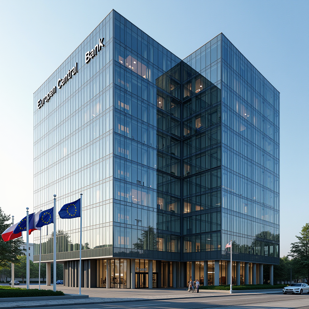 Modern European Central Bank headquarters building with glass facade and European Union flags, professional financial institution architecture, daytime cityscape