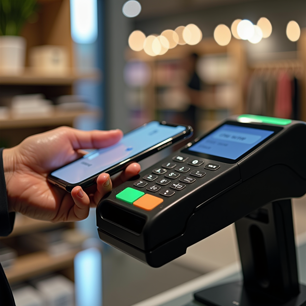 Modern contactless payment terminal with smartphone making mobile payment transaction, digital financial technology in Italian retail store, close-up of hands using payment system
