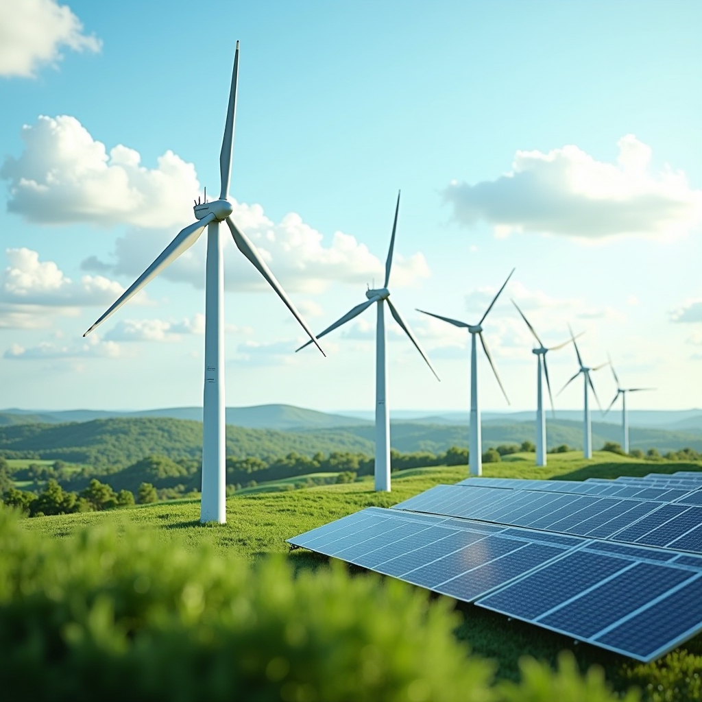 Modern wind turbines and solar panels in green landscape representing renewable energy projects, sustainable business practices, environmental financial initiatives, bright sunny day
