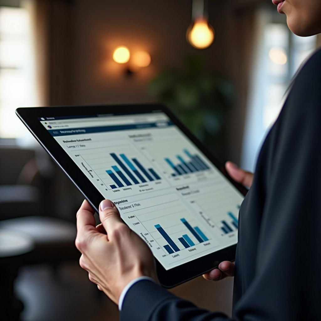 Consulente finanziario certificato che mostra grafici di portafoglio diversificato e strategie di pianificazione pensionistica a lungo termine su tablet moderno in ufficio elegante